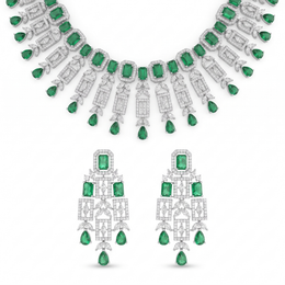 American Diamond & Emerald Green Geometric Drop Necklace and Earrings Set in 925 Sterling Silver