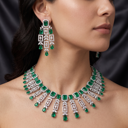 American Diamond & Emerald Green Stone Statement Necklace & Earrings Set in 925 Sterling Silver