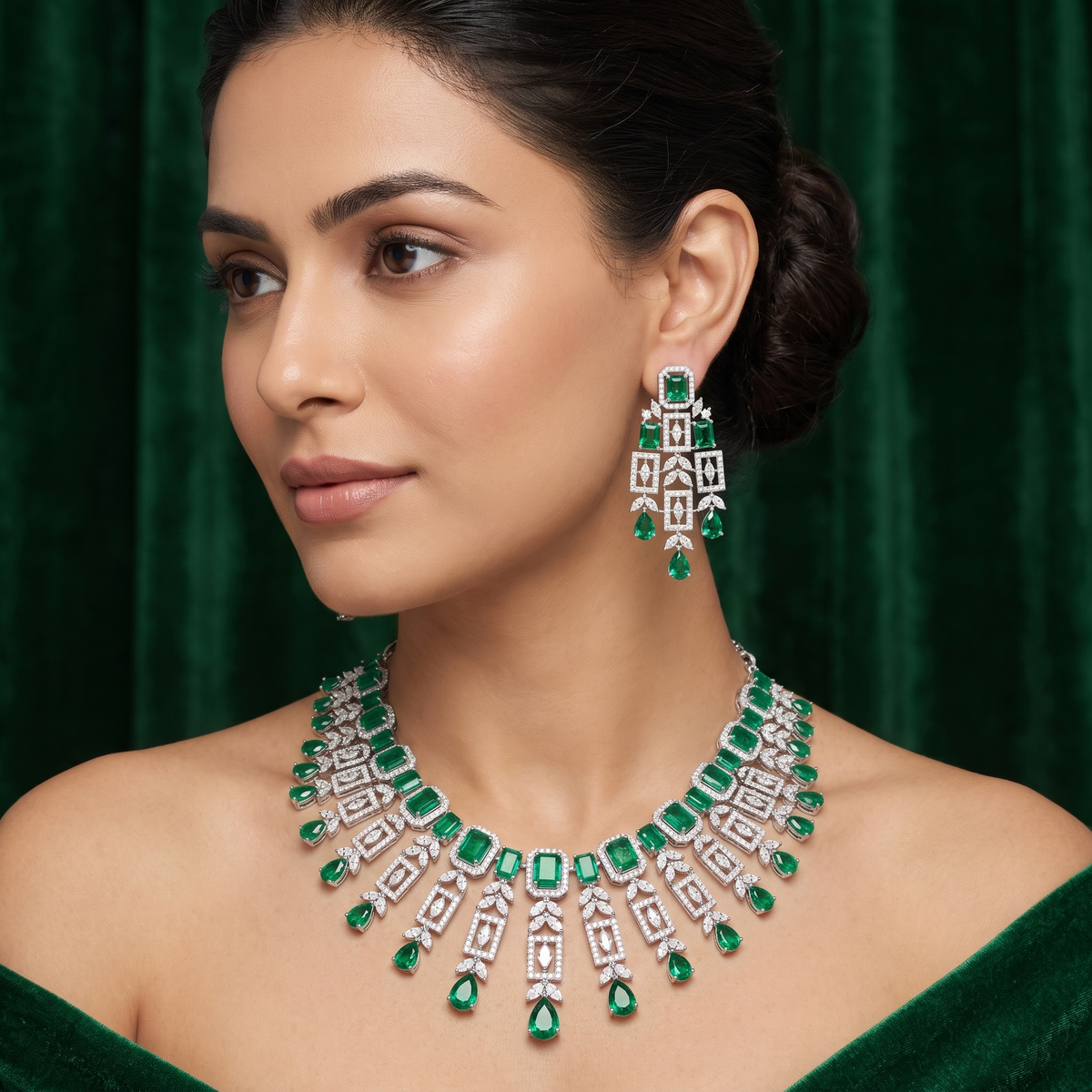 American Diamond & Emerald Green Geometric Drop Necklace and Earrings Set in 925 Sterling Silver
