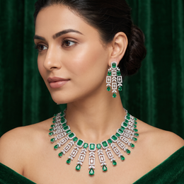 American Diamond & Emerald Green Geometric Drop Necklace and Earrings Set in 925 Sterling Silver