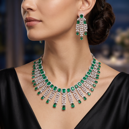 American Diamond & Emerald Green Geometric Drop Necklace and Earrings Set in 925 Sterling Silver