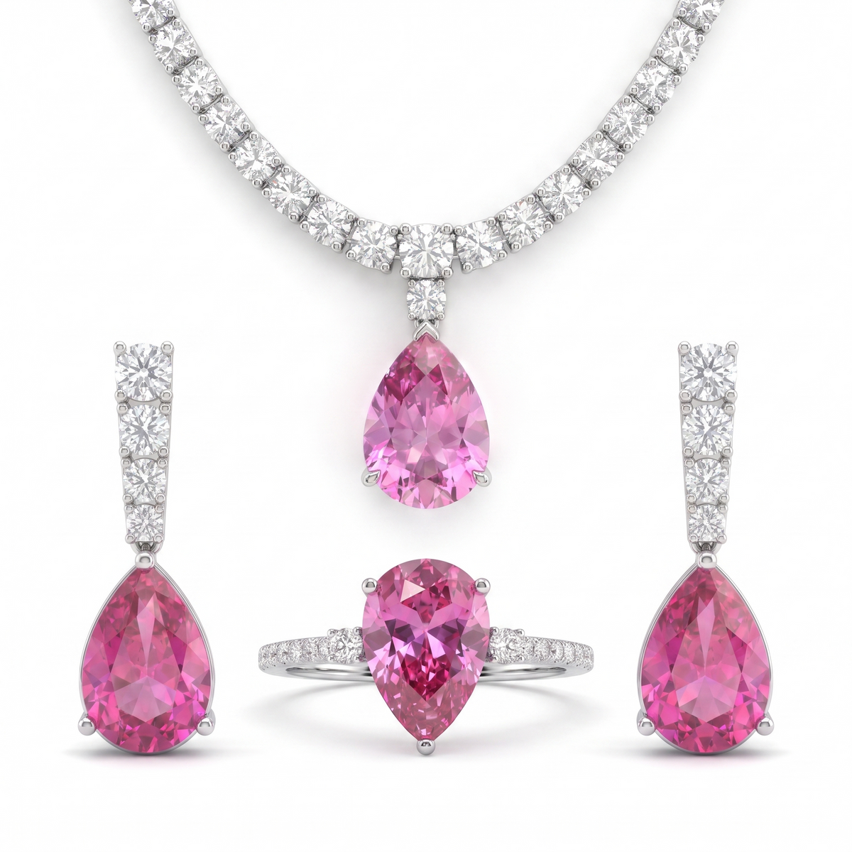 American Diamond & Pink Pear-Cut Stone Complete Jewelry Set in 925 Sterling Silver Main image