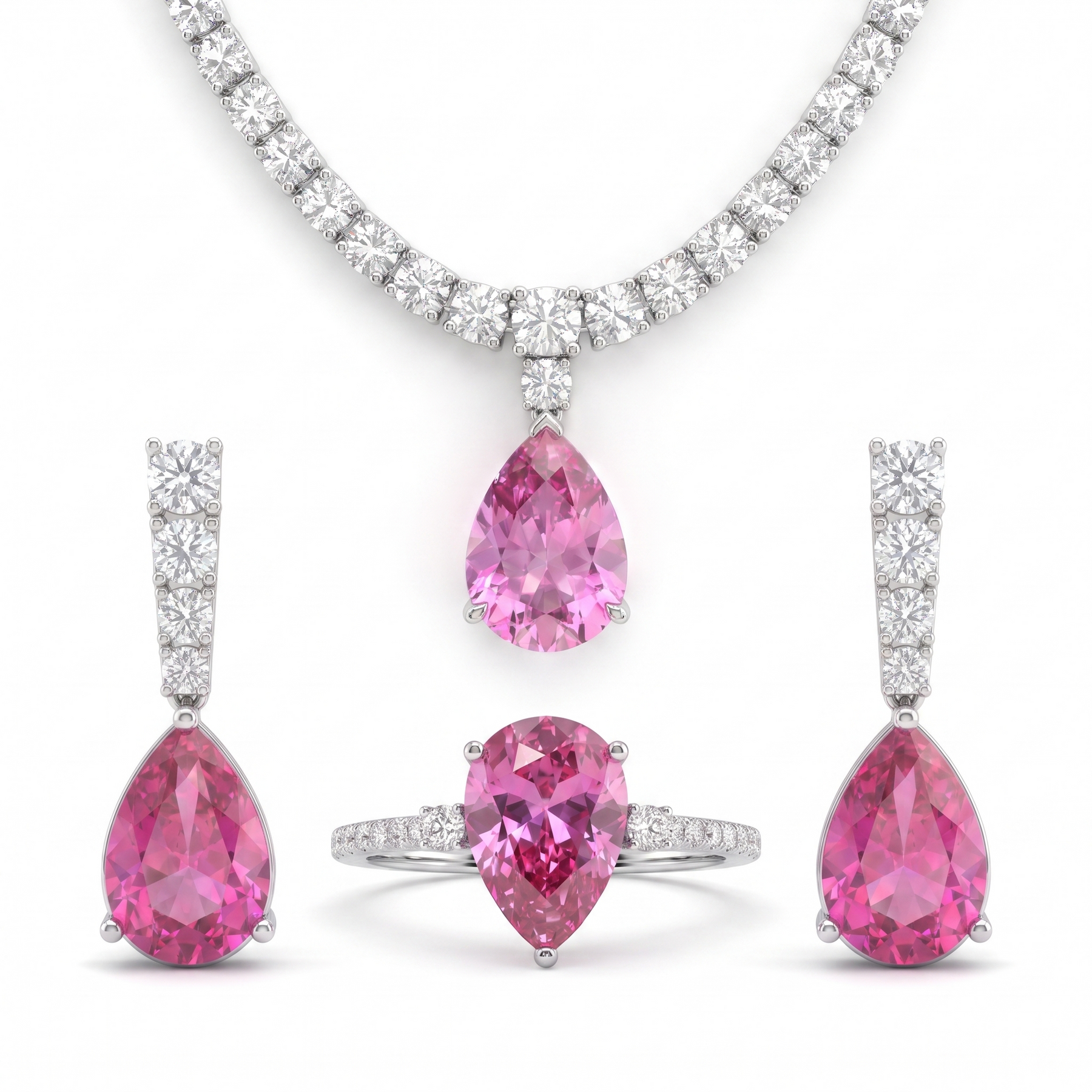 American Diamond & Pink Pear-Cut Stone Complete Jewelry Set in 925 Sterling Silver