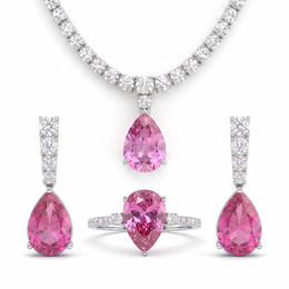 American Diamond & Pink Pear-Cut Stone Complete Jewelry Set in 925 Sterling Silver