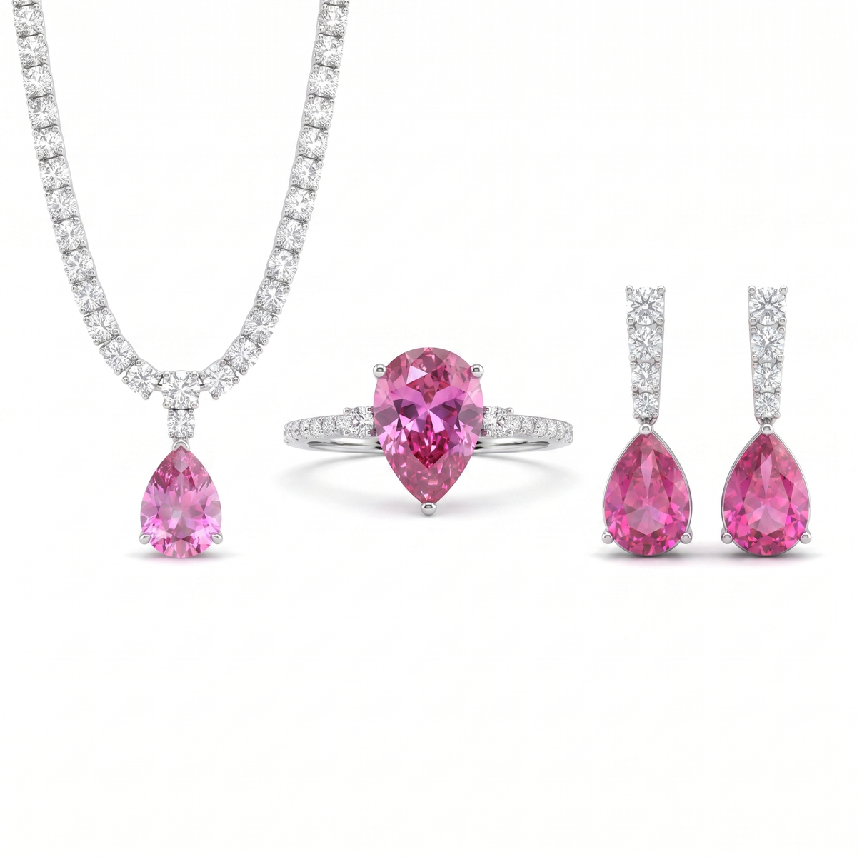 American Diamond & Pink Pear-Cut Stone Complete Jewelry Set in 925 Sterling Silver