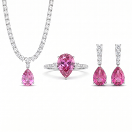 American Diamond & Pink Pear-Cut Stone Complete Jewelry Set in 925 Sterling Silver