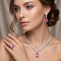 American Diamond & Pink Pear-Cut Stone Complete Jewelry Set in 925 Sterling Silver
