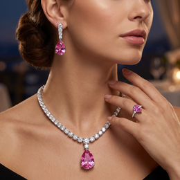 American Diamond & Pink Pear-Cut Stone Complete Jewelry Set in 925 Sterling Silver