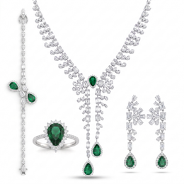 American Diamond & Emerald Green Pear-Cut Complete Jewelry Set in 925 Sterling Silver
