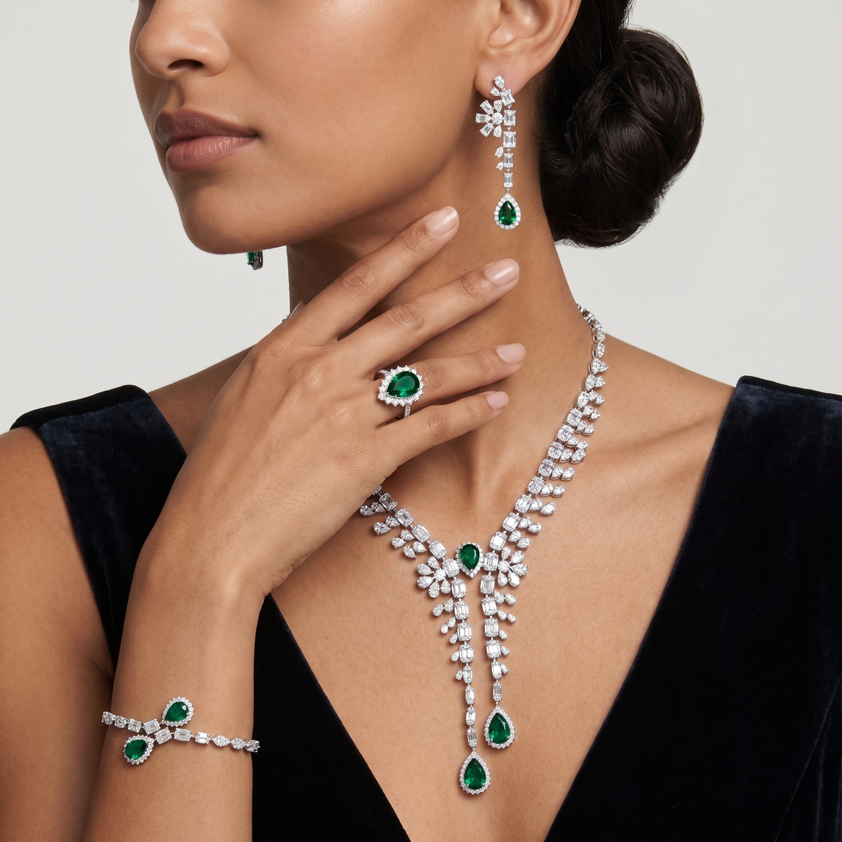 American Diamond & Emerald Green Pear-Cut Complete Jewelry Set in 925 Sterling Silver