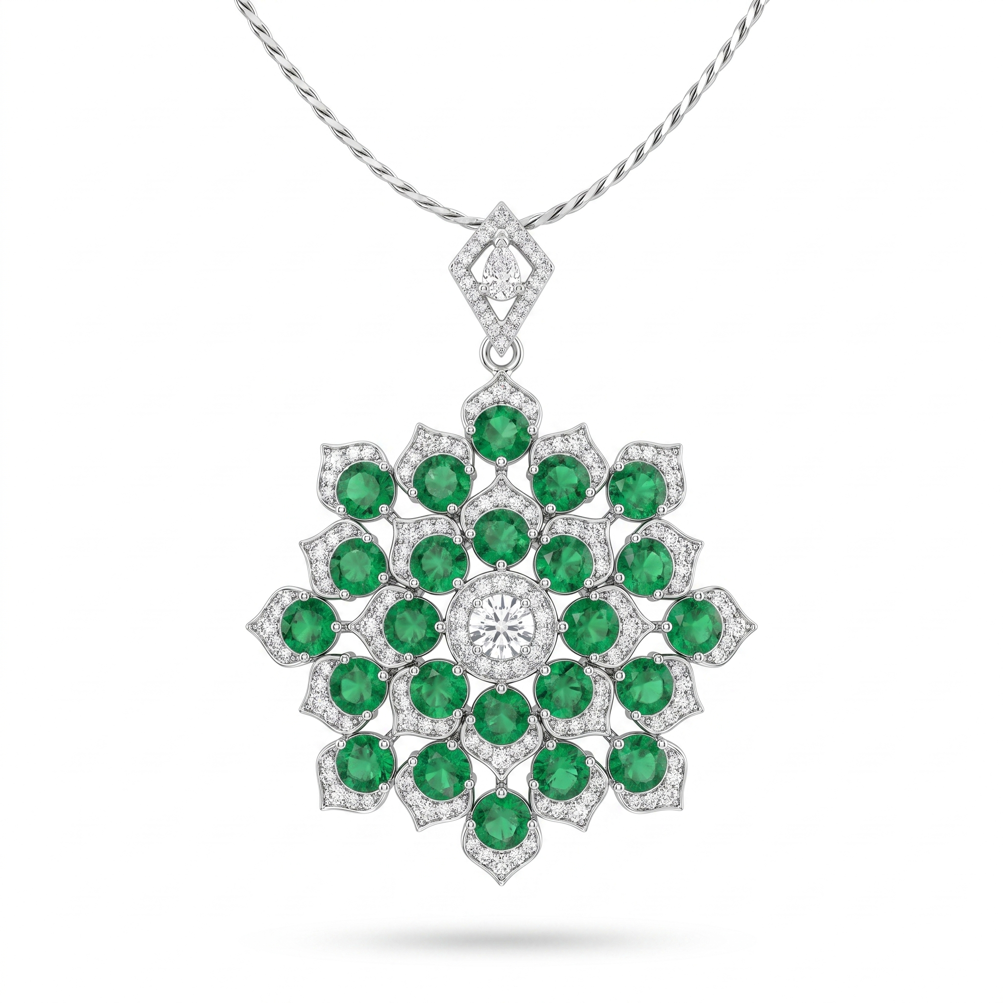 American Diamond & Emerald Green Round-Cut Floral Statement Pendant in 925 Sterling Silver Secondary image