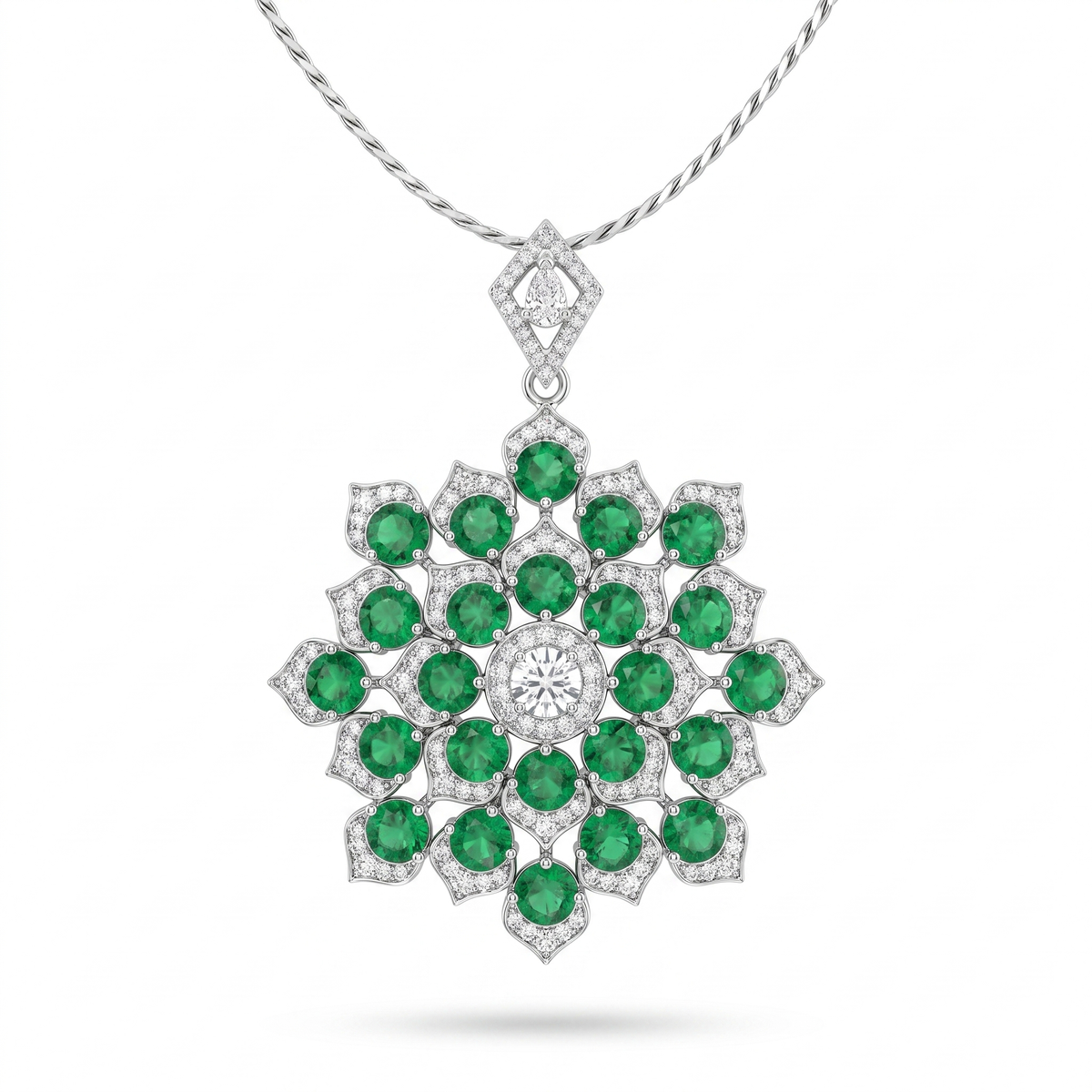 American Diamond & Emerald Green Round-Cut Floral Statement Pendant in 925 Sterling Silver