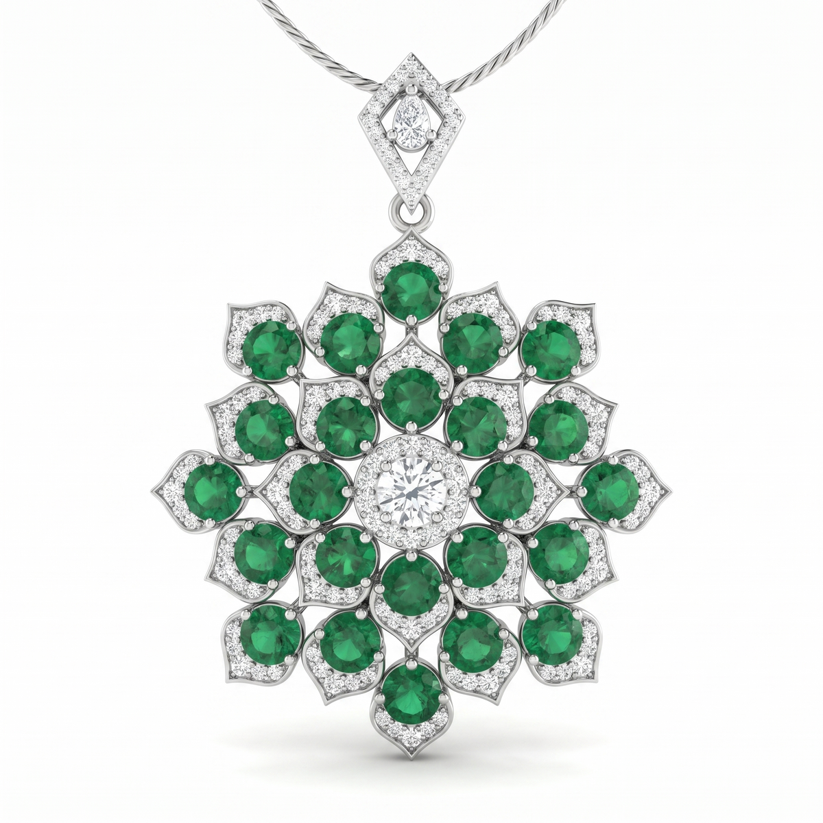 American Diamond & Emerald Green Round-Cut Floral Statement Pendant in 925 Sterling Silver Main image
