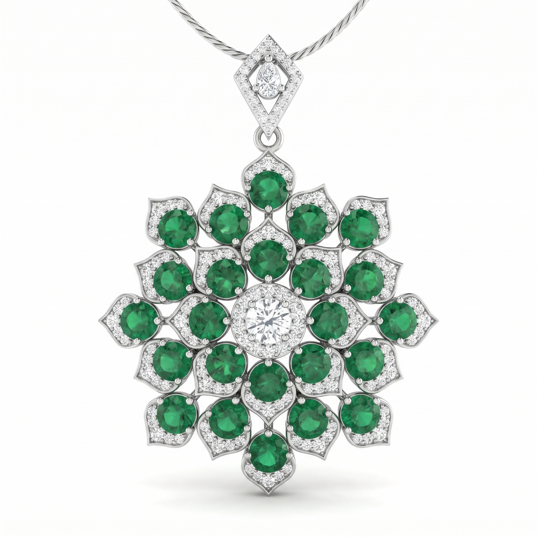 American Diamond & Emerald Green Round-Cut Floral Statement Pendant in 925 Sterling Silver