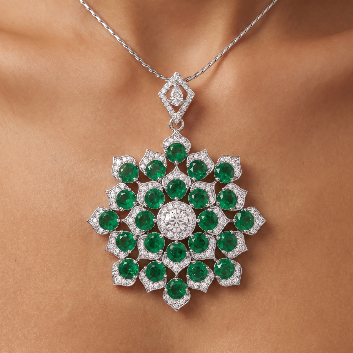 American Diamond & Emerald Green Round-Cut Floral Statement Pendant in 925 Sterling Silver