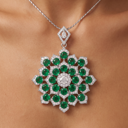 American Diamond & Emerald Green Round-Cut Floral Statement Pendant in 925 Sterling Silver