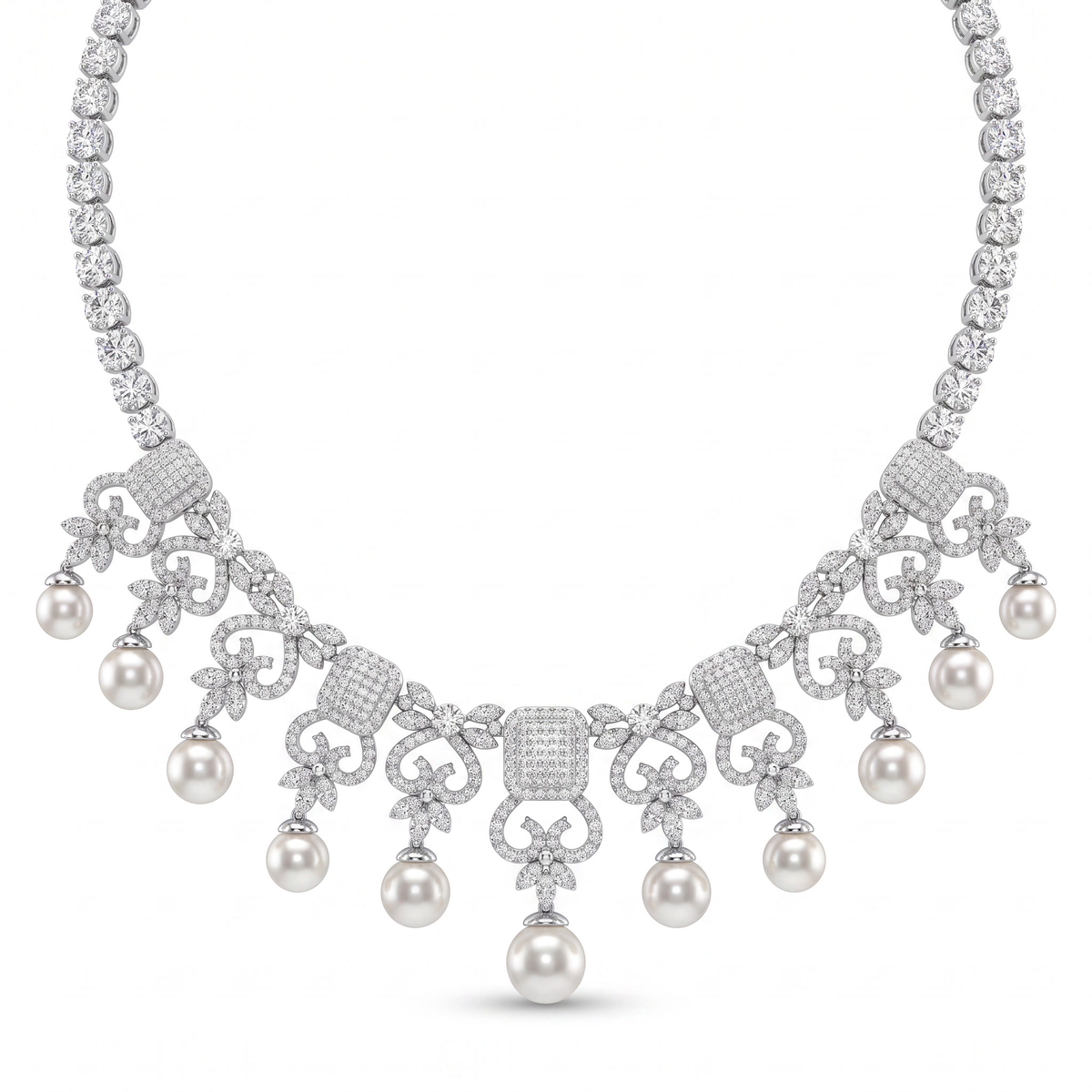 American Diamond & Pearl Ornamental Complete Jewelry Set in 925 Sterling Silver Main image