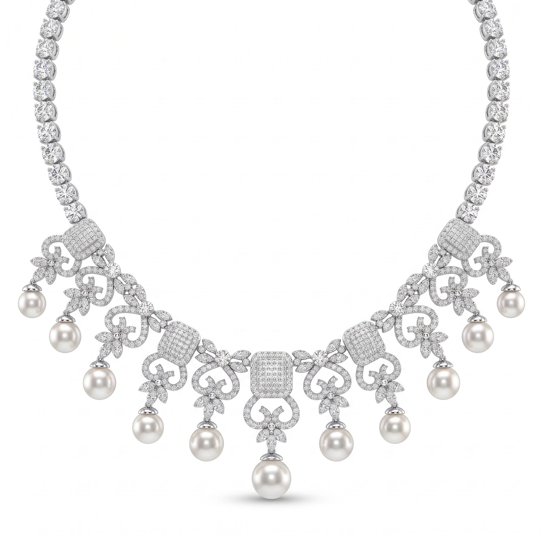 American Diamond & Pearl Ornamental Complete Jewelry Set in 925 Sterling Silver