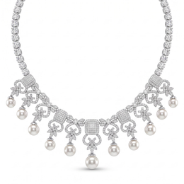 American Diamond & Pearl Ornamental Complete Jewelry Set in 925 Sterling Silver