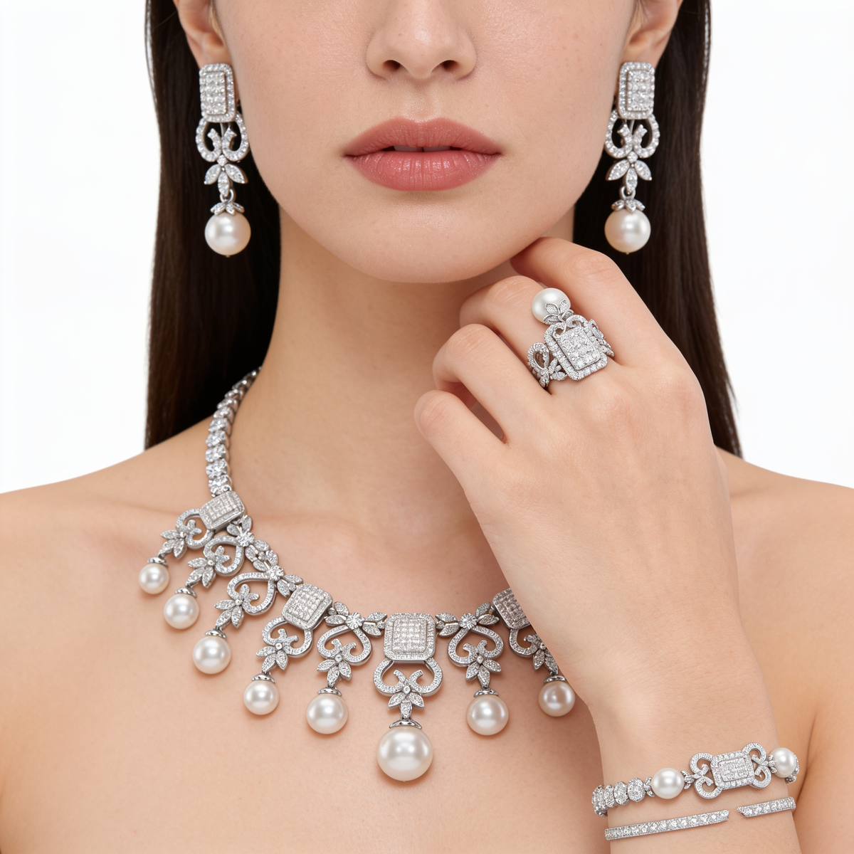 American Diamond & Pearl Ornamental Complete Jewelry Set in 925 Sterling Silver