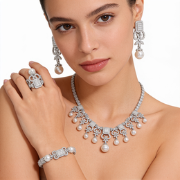 American Diamond & Pearl Ornamental Complete Jewelry Set in 925 Sterling Silver