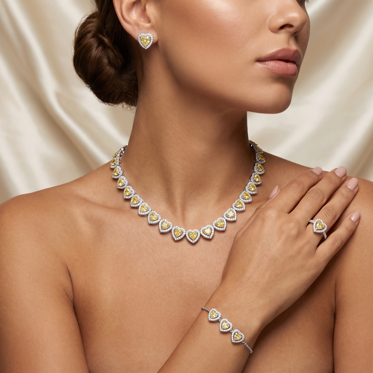 American Diamond Yellow Heart Complete Jewelry Set in 925 Sterling Silver