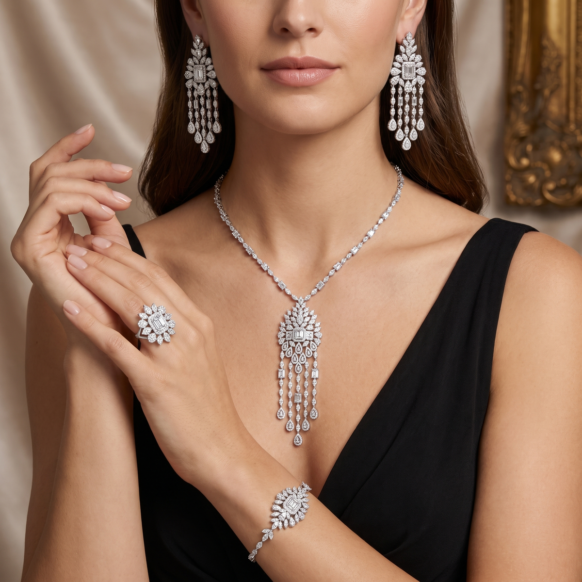 American Diamond Floral Cascade Complete Jewelry Set in 925 Sterling Silver