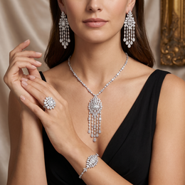 American Diamond Floral Cascade Complete Jewelry Set in 925 Sterling Silver
