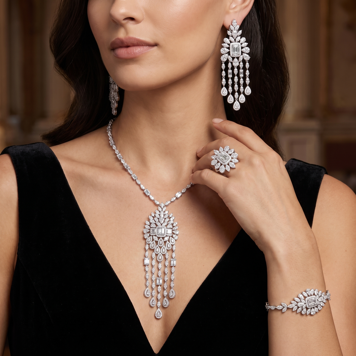 American Diamond Floral Cascade Complete Jewelry Set in 925 Sterling Silver