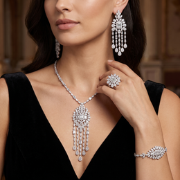 American Diamond Floral Cascade Complete Jewelry Set in 925 Sterling Silver