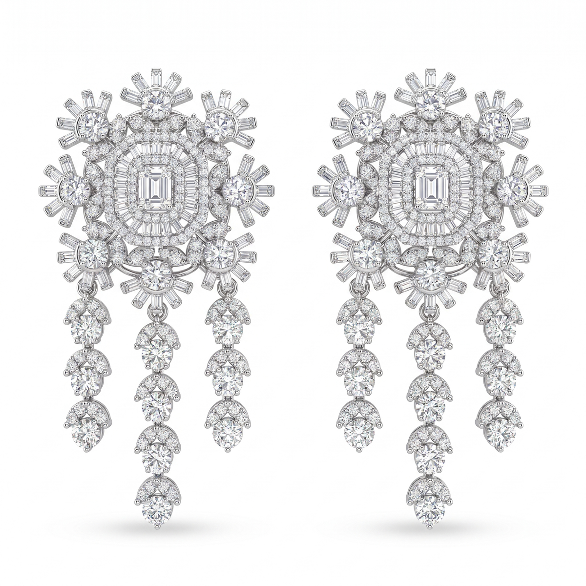 American Diamond Emerald-Cut Floral Cascade Necklace & Earrings Set in 925 Sterling Silver