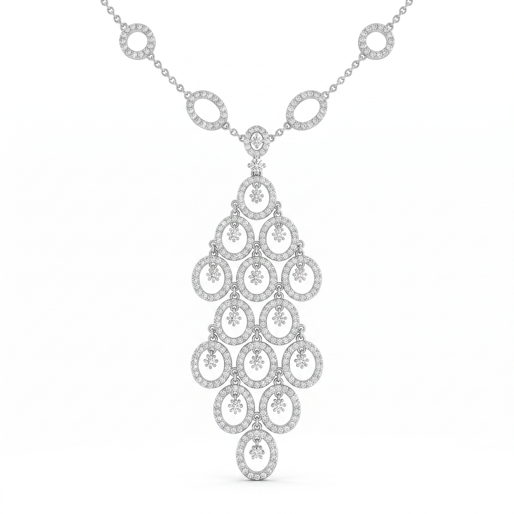 American Diamond Oval Cascade Statement Necklace in 925 Sterling Silver