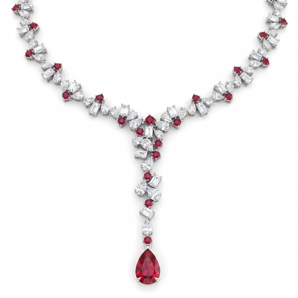 Ruby & White Stone Floral Jewelry Set in 925 Sterling Silver – Necklace, Earrings, Ring & Bracelet