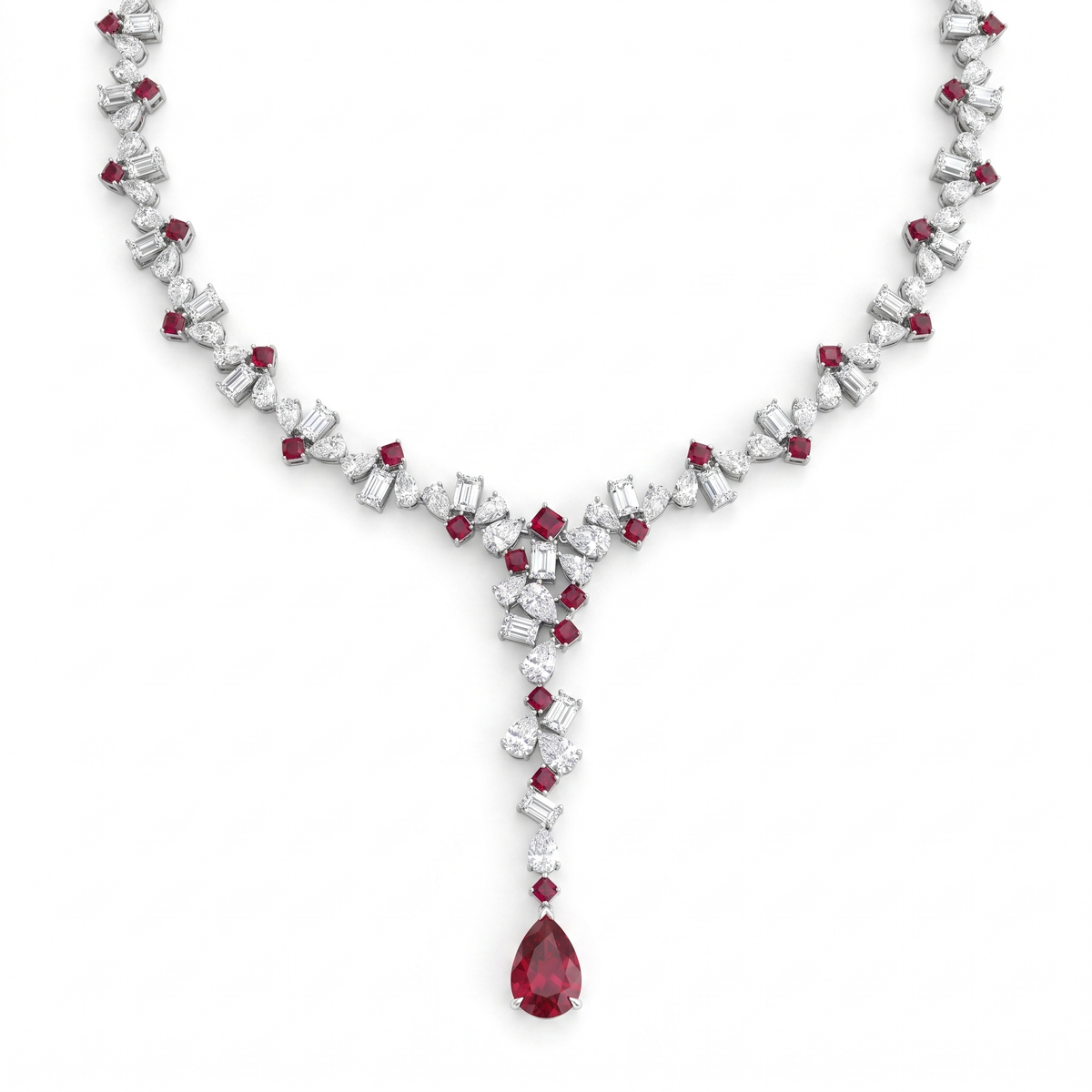 Ruby & White Stone Floral Jewelry Set in 925 Sterling Silver – Necklace, Earrings, Ring & Bracelet