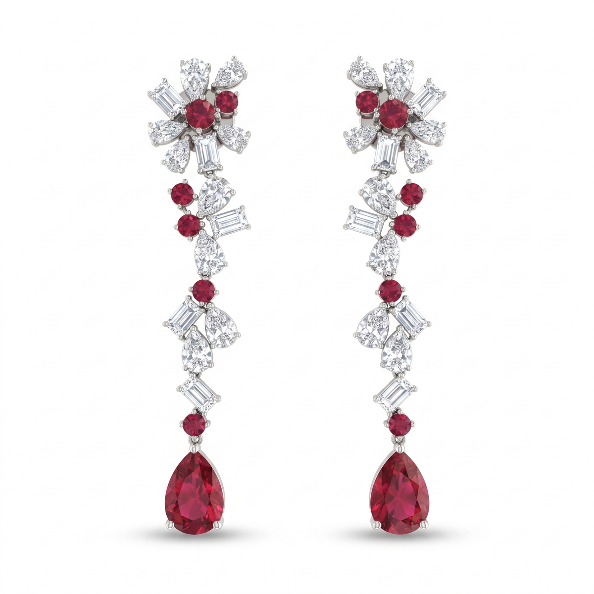 Ruby & White Stone Floral Jewelry Set in 925 Sterling Silver – Necklace, Earrings, Ring & Bracelet