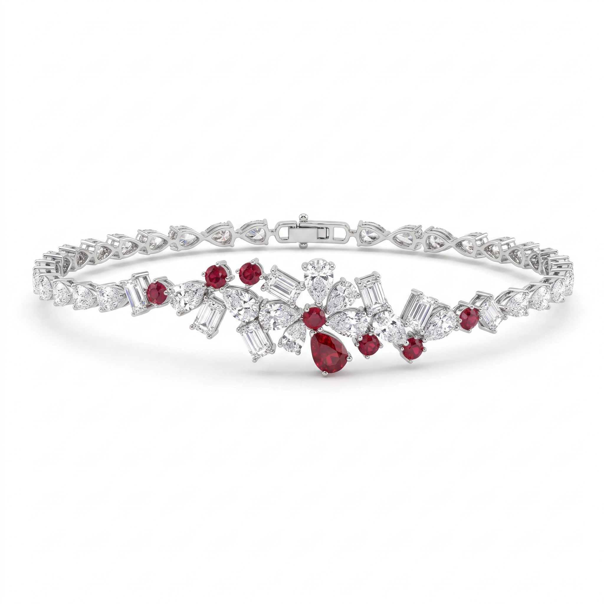 Ruby & White Stone Floral Jewelry Set in 925 Sterling Silver – Necklace, Earrings, Ring & Bracelet Secondary image