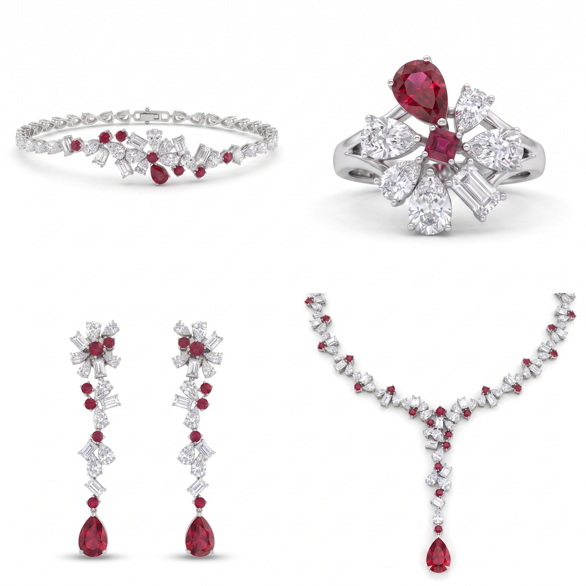 Ruby & White Stone Floral Jewelry Set in 925 Sterling Silver – Necklace, Earrings, Ring & Bracelet Main image