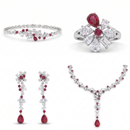Ruby & White Stone Floral Jewelry Set in 925 Sterling Silver – Necklace, Earrings, Ring & Bracelet