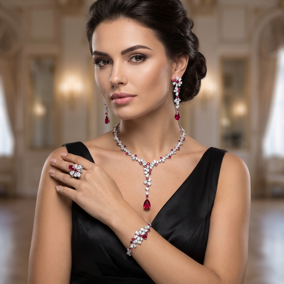 Ruby & White Stone Floral Jewelry Set in 925 Sterling Silver – Necklace, Earrings, Ring & Bracelet