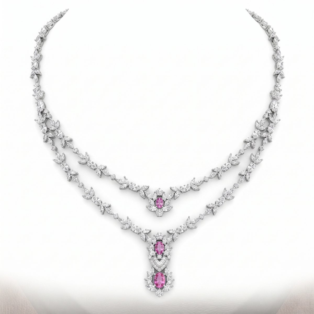Pink American Diamond Floral Jewelry Set in 925 Sterling Silver