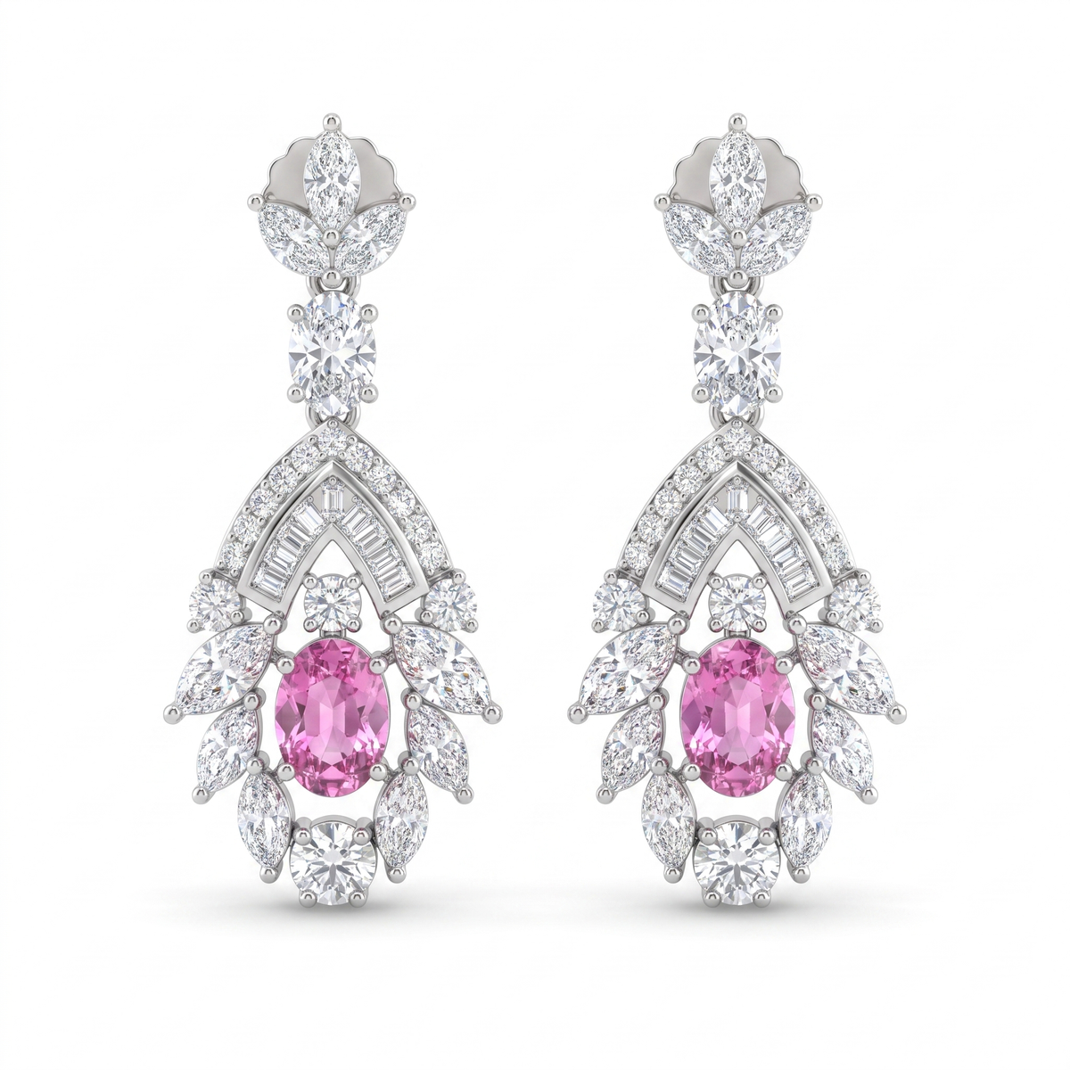 Pink American Diamond Floral Jewelry Set in 925 Sterling Silver