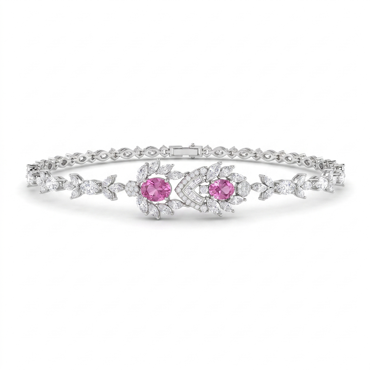 Pink American Diamond Floral Jewelry Set in 925 Sterling Silver