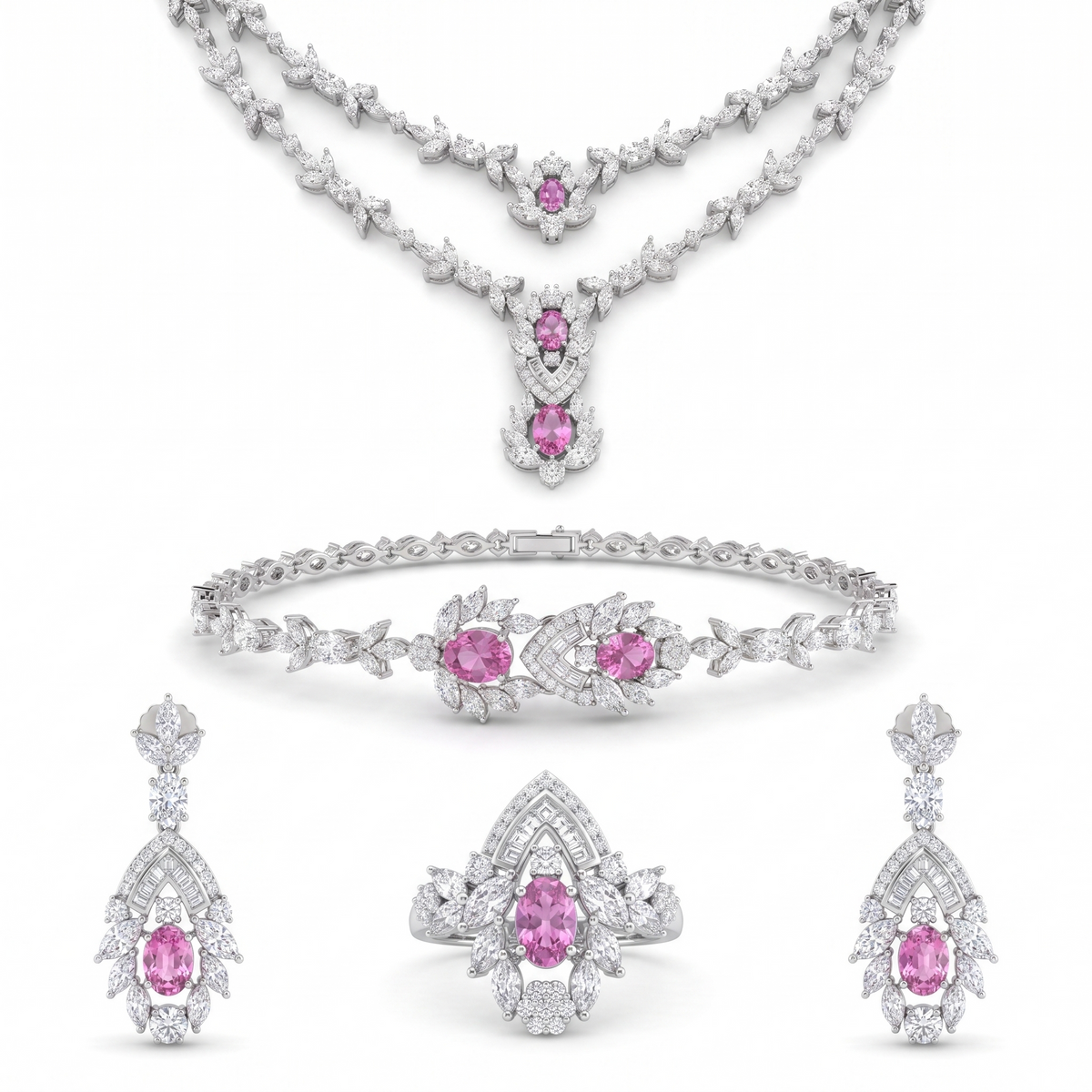 Pink American Diamond Floral Jewelry Set in 925 Sterling Silver Main image