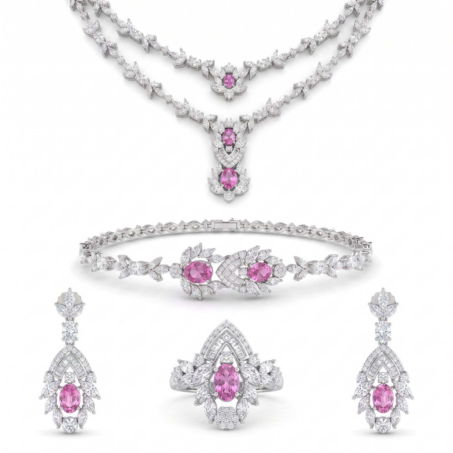 Pink American Diamond Floral Jewelry Set in 925 Sterling Silver