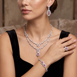 Pink American Diamond Floral Jewelry Set in 925 Sterling Silver