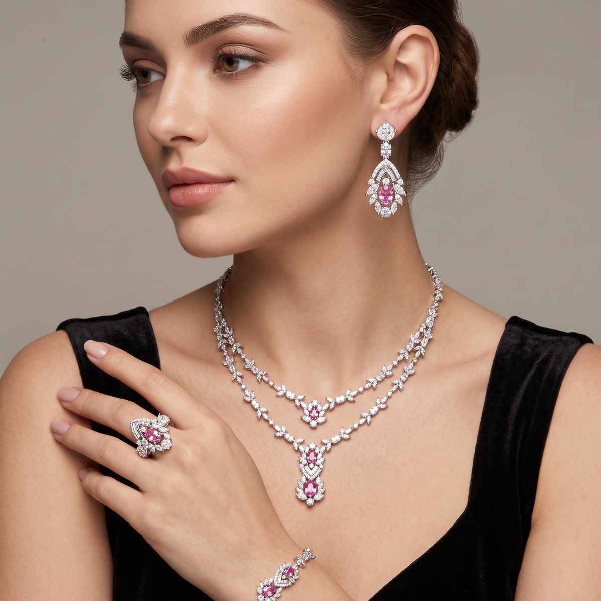 Pink American Diamond Floral Jewelry Set in 925 Sterling Silver