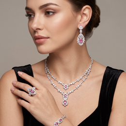 Pink American Diamond Floral Jewelry Set in 925 Sterling Silver