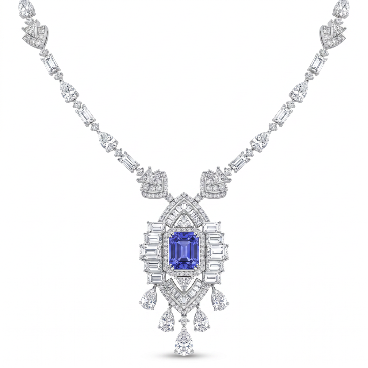 Royal Blue Emerald-Cut American Diamond Jewelry Set in 925 Sterling Silver