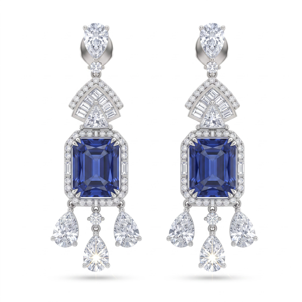 Royal Blue Emerald-Cut American Diamond Jewelry Set in 925 Sterling Silver