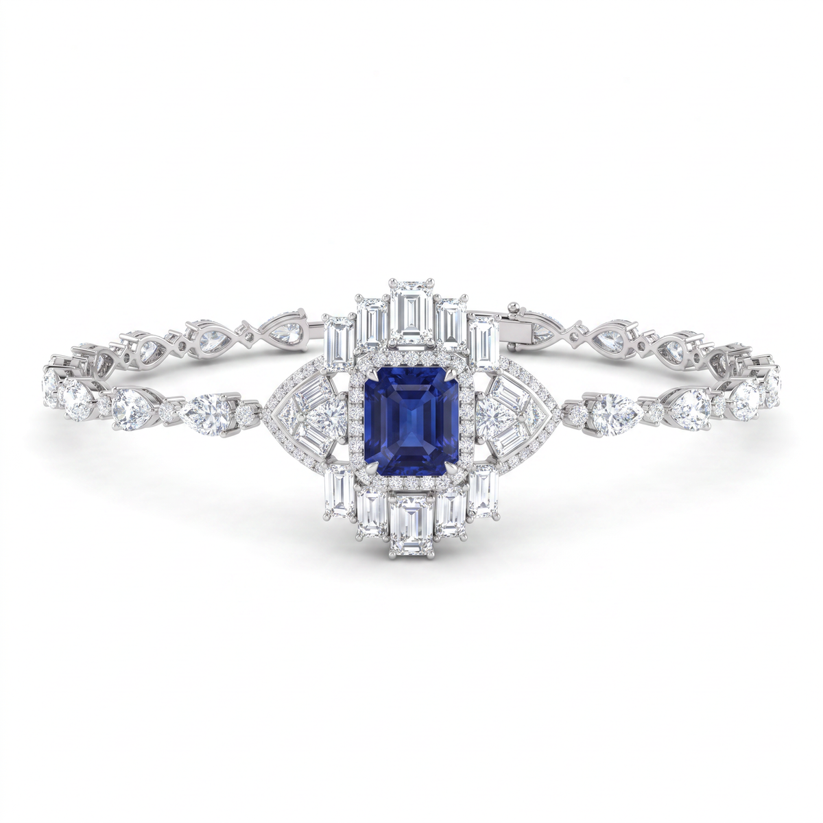 Royal Blue Emerald-Cut American Diamond Jewelry Set in 925 Sterling Silver